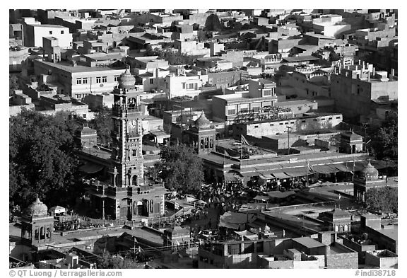 Sardar Market and bell tower seen from above. Jodhpur, Rajasthan, India (black and white)