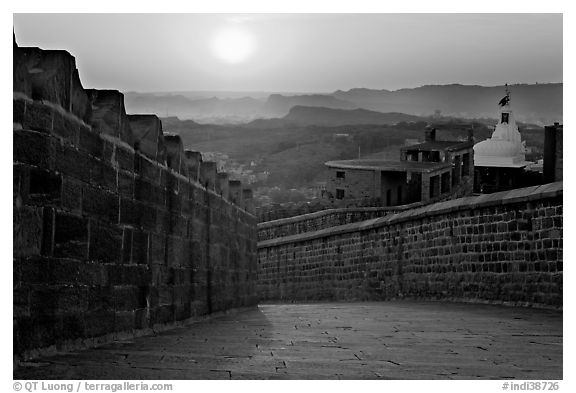Mehrangarh Fort walls and Chamunda Devi temple. Jodhpur, Rajasthan, India