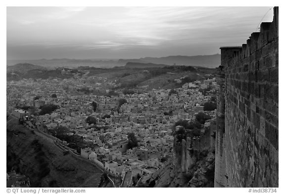 Mehrangarh Fort walls, and old city  blue houses, sunset. Jodhpur, Rajasthan, India