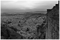Mehrangarh Fort walls, and old city  blue houses, sunset. Jodhpur, Rajasthan, India ( black and white)