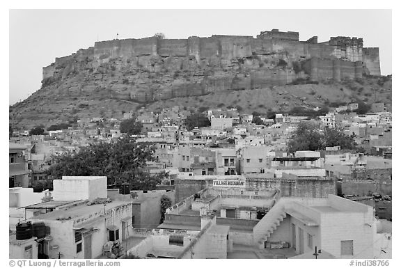 Rooftops and Mehrangarh Fort at dawn. Jodhpur, Rajasthan, India (black and white)