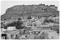 Rooftops and Mehrangarh Fort at dawn. Jodhpur, Rajasthan, India (black and white)