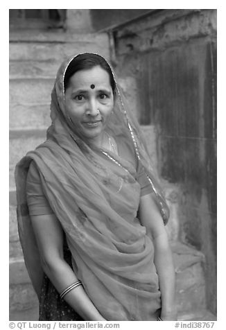 Woman in red sari. Jodhpur, Rajasthan, India (black and white)