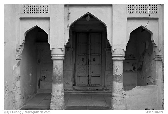 Blue porch of Brahmin house. Jodhpur, Rajasthan, India (black and white)