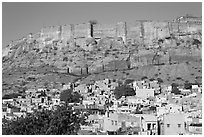 Houses and Mehrangarh Fort, morning. Jodhpur, Rajasthan, India (black and white)