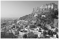 Mehrangarh Fort overlooking the old town, morning. Jodhpur, Rajasthan, India (black and white)