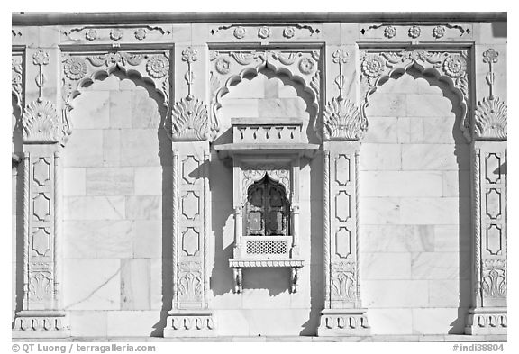 Detail of wall built of carved sheets of marble, Jaswant Thada. Jodhpur, Rajasthan, India