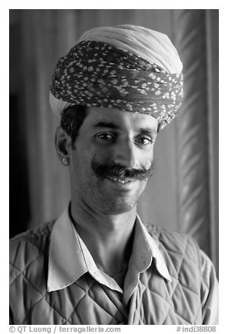 Man with turban, inside Jaswant Thada. Jodhpur, Rajasthan, India (black and white)