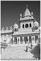 Tourists walking down steps in front of Jaswant Thada. Jodhpur, Rajasthan, India (black and white)