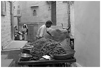 Man pushes away a cown in a narrow street. Jodhpur, Rajasthan, India ( black and white)