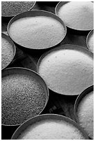 Grains in cicular containers, Sardar market. Jodhpur, Rajasthan, India (black and white)