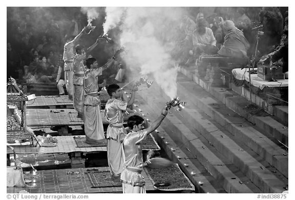 Hindu holy men performing religious arti ceremony. Varanasi, Uttar Pradesh, India (black and white)