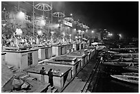 Aarti ceremony on the banks of the Ganga River. Varanasi, Uttar Pradesh, India (black and white)