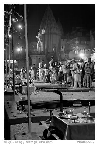 Pujari giving blessings at  Dasaswamedh Ghat. Varanasi, Uttar Pradesh, India (black and white)