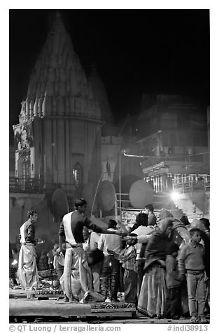 Brahmans giving blessings after evening arti ceremony. Varanasi, Uttar Pradesh, India (black and white)