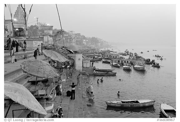 Foggy dawn on the banks of the Ganges River. Varanasi, Uttar Pradesh, India (black and white)