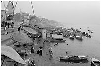 Foggy dawn on the banks of the Ganges River. Varanasi, Uttar Pradesh, India ( black and white)