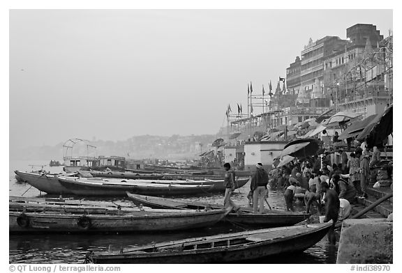 Boats and ghat at sunrise. Varanasi, Uttar Pradesh, India