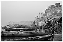 Boats and ghat at sunrise. Varanasi, Uttar Pradesh, India ( black and white)