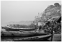 Boats and ghat at sunrise. Varanasi, Uttar Pradesh, India (black and white)