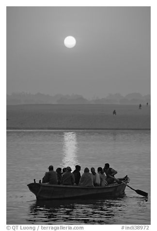 Boat on the Ganges River at sunrise. Varanasi, Uttar Pradesh, India