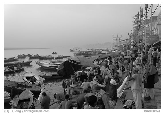 Steps of Dasaswamedh Ghat with crowd at sunrise. Varanasi, Uttar Pradesh, India