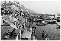 Dasaswamedh Ghat and Ganges River, sunrise. Varanasi, Uttar Pradesh, India (black and white)