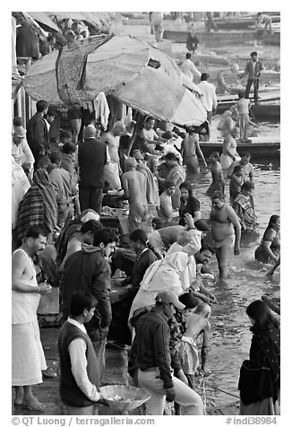 Colorful crowd at the edge of water, Dasaswamedh Ghat. Varanasi, Uttar Pradesh, India