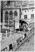 Laundry on hand-rail of ghat steps. Varanasi, Uttar Pradesh, India ( black and white)