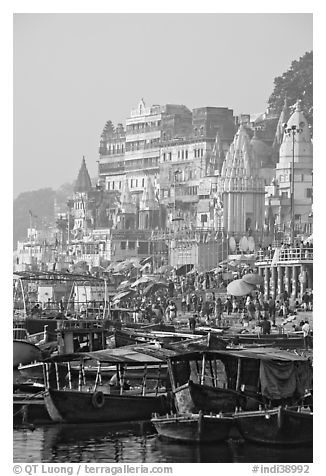 Boats and Dasaswamedh Ghat, sunrise. Varanasi, Uttar Pradesh, India