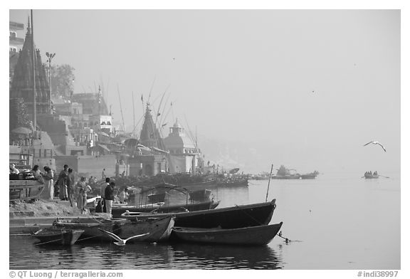 Temples and Ganga River, foggy sunrise. Varanasi, Uttar Pradesh, India