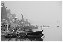 Temples and Ganga River, foggy sunrise. Varanasi, Uttar Pradesh, India (black and white)