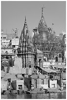Hindu temples on the riverbank of the Ganga River. Varanasi, Uttar Pradesh, India (black and white)