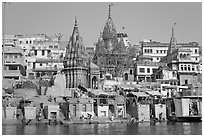 Temples on riverbank of the Ganges, Manikarnika Ghat. Varanasi, Uttar Pradesh, India (black and white)