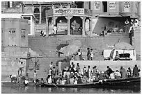 Boats loaded with pilgrims and steps, Manikarnika Ghat. Varanasi, Uttar Pradesh, India ( black and white)