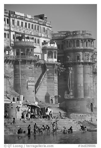 Towers and steps, Ganga Mahal Ghat. Varanasi, Uttar Pradesh, India (black and white)