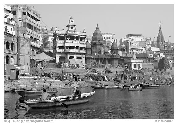 Rowboat and Manikarnika Ghat. Varanasi, Uttar Pradesh, India