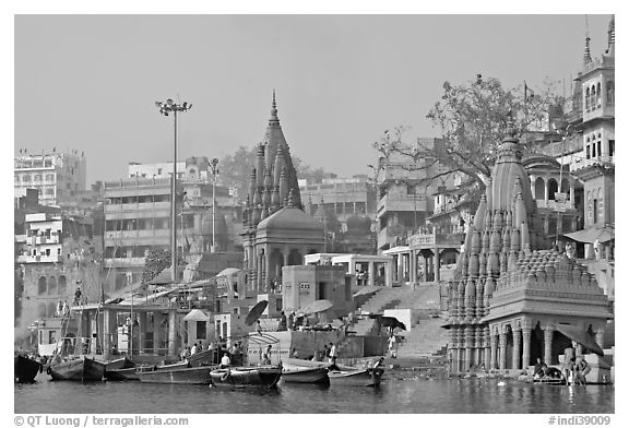 Temples on the banks of Ganges River, Manikarnika Ghat. Varanasi, Uttar Pradesh, India