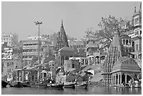 Temples on the banks of Ganges River, Manikarnika Ghat. Varanasi, Uttar Pradesh, India (black and white)