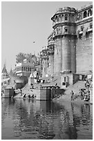 Castle-like towers and steps, Ganga Mahal Ghat. Varanasi, Uttar Pradesh, India (black and white)