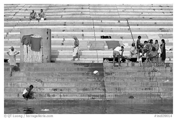 Steps leading to river at Scindhia Ghat. Varanasi, Uttar Pradesh, India (black and white)