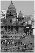 Manikarnika Ghat, the main cremation ghat. Varanasi, Uttar Pradesh, India (black and white)