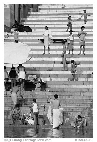 Drying out on stone steps of Meer Ghat. Varanasi, Uttar Pradesh, India (black and white)