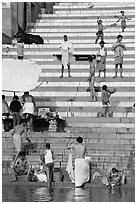 Drying out on stone steps of Meer Ghat. Varanasi, Uttar Pradesh, India ( black and white)