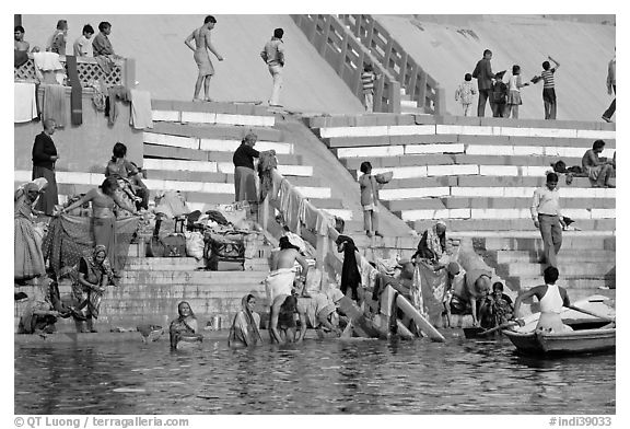 Women bathing at Meer Ghat. Varanasi, Uttar Pradesh, India (black and white)