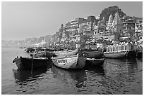 Ganges River, with boats and Dasaswamedh Ghat. Varanasi, Uttar Pradesh, India (black and white)