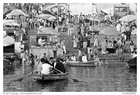 Boats and stone steps leading to Ganga River, Dasaswamedh Ghat. Varanasi, Uttar Pradesh, India