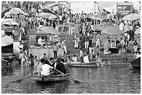 Boats and stone steps leading to Ganga River, Dasaswamedh Ghat. Varanasi, Uttar Pradesh, India (black and white)