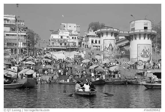Dasaswamedh Ghat, the main Ghat on the Ganges River. Varanasi, Uttar Pradesh, India (black and white)