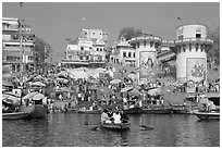 Dasaswamedh Ghat, the main Ghat on the Ganges River. Varanasi, Uttar Pradesh, India (black and white)